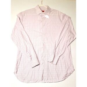 Isaia Napoli Dress Shirt Mens 18 45 Pink White Plaid Cotton Made in Italy